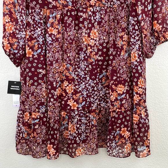 Sandra Darren Burgundy Floral Balloon Sleeve V-Neck Babydoll Mini Dress 12 NWT - Picture 10 of 15